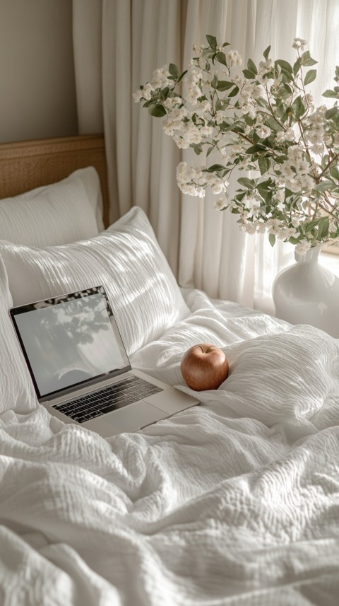 Overhead View of a Bed with an Open Laptop and White Bedding – Minimalist Aesthetic (60)