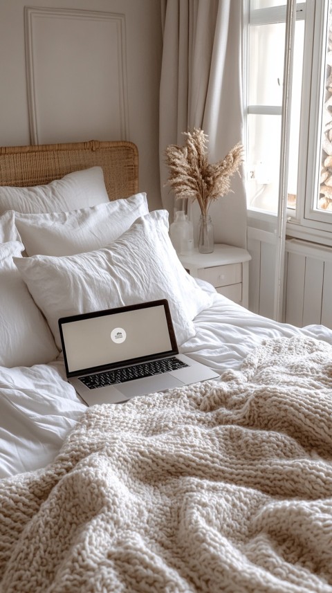 Overhead View of a Bed with an Open Laptop and White Bedding – Minimalist Aesthetic (67)