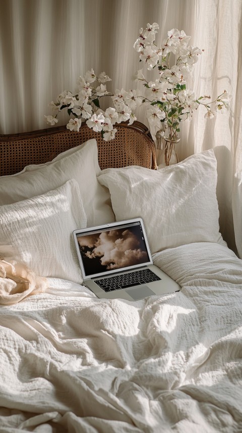 Overhead View of a Bed with an Open Laptop and White Bedding – Minimalist Aesthetic (77)