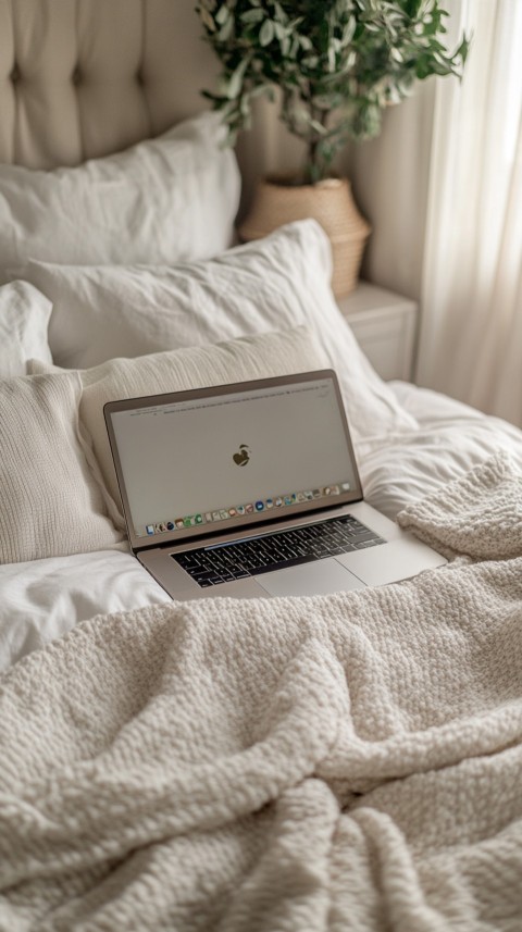 Overhead View of a Bed with an Open Laptop and White Bedding – Minimalist Aesthetic (66)