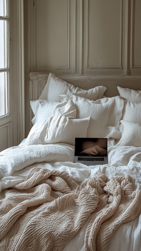 Overhead View of a Bed with an Open Laptop and White Bedding – Minimalist Aesthetic (70)