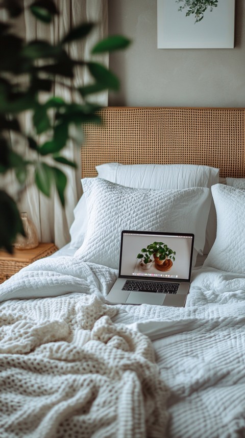 Overhead View of a Bed with an Open Laptop and White Bedding – Minimalist Aesthetic (53)