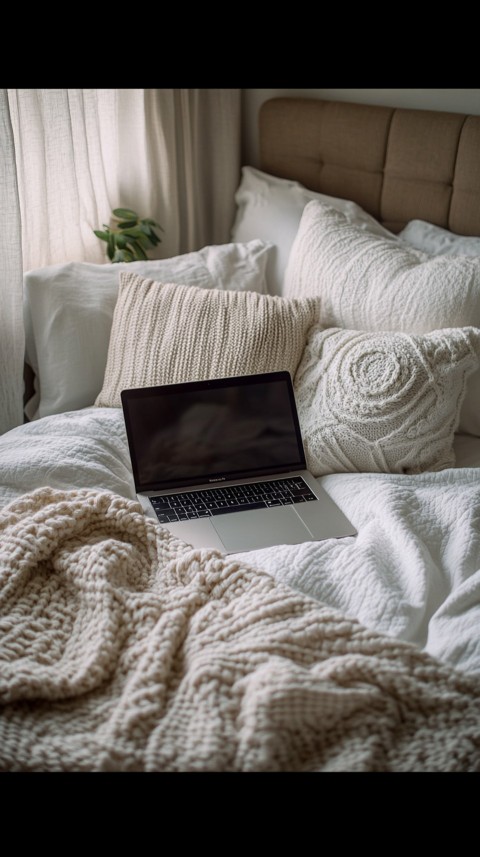 Overhead View of a Bed with an Open Laptop and White Bedding – Minimalist Aesthetic (93)