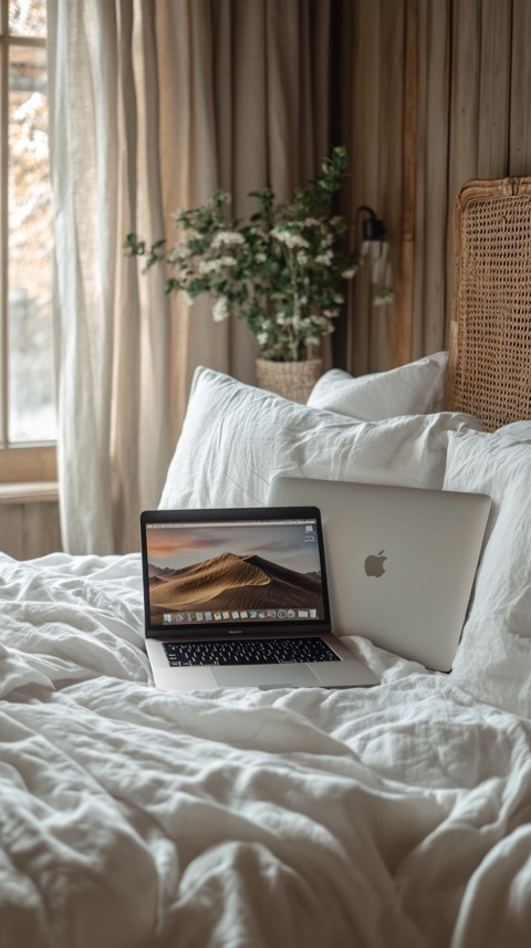 Overhead View of a Bed with an Open Laptop and White Bedding – Minimalist Aesthetic (92)