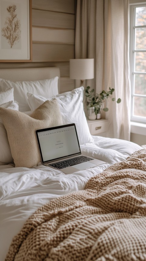 Overhead View of a Bed with an Open Laptop and White Bedding – Minimalist Aesthetic (100)