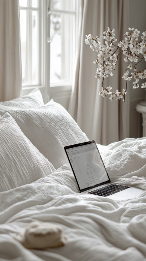 Overhead View of a Bed with an Open Laptop and White Bedding – Minimalist Aesthetic (96)