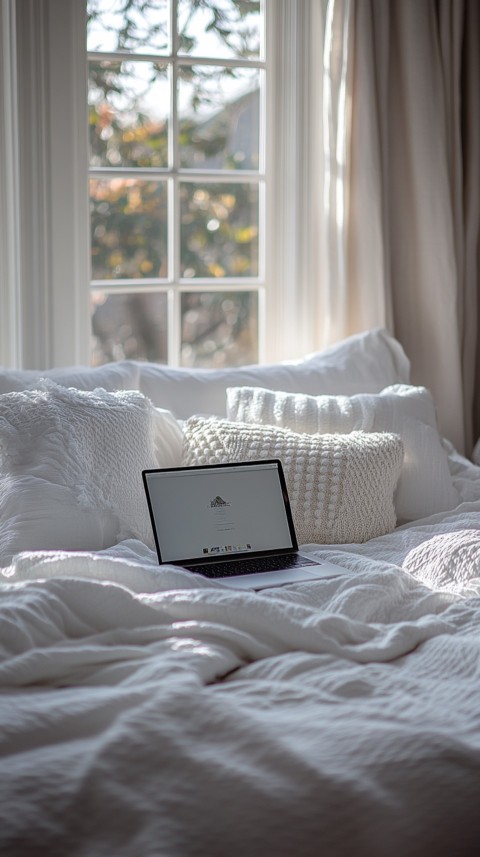 Overhead View of a Bed with an Open Laptop and White Bedding – Minimalist Aesthetic (95)