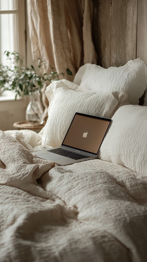 Overhead View of a Bed with an Open Laptop and White Bedding – Minimalist Aesthetic (89)