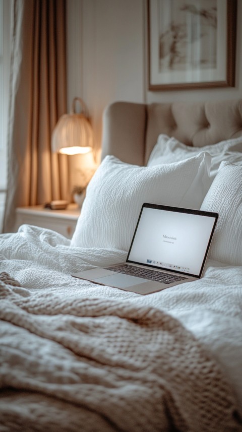 Overhead View of a Bed with an Open Laptop and White Bedding – Minimalist Aesthetic (86)