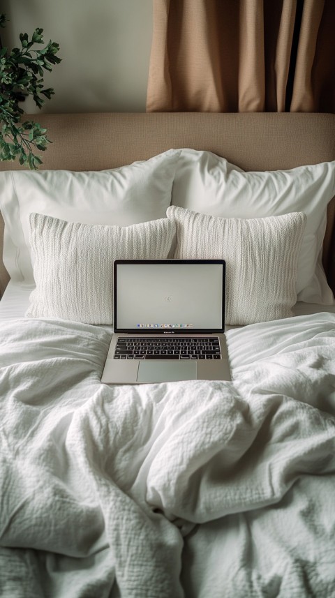 Overhead View of a Bed with an Open Laptop and White Bedding – Minimalist Aesthetic (82)