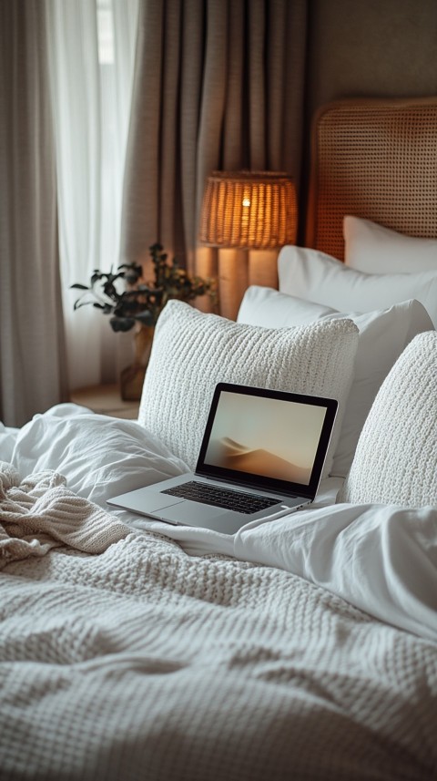 Overhead View of a Bed with an Open Laptop and White Bedding – Minimalist Aesthetic (88)