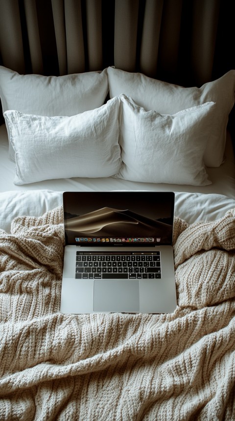 Overhead View of a Bed with an Open Laptop and White Bedding – Minimalist Aesthetic (94)