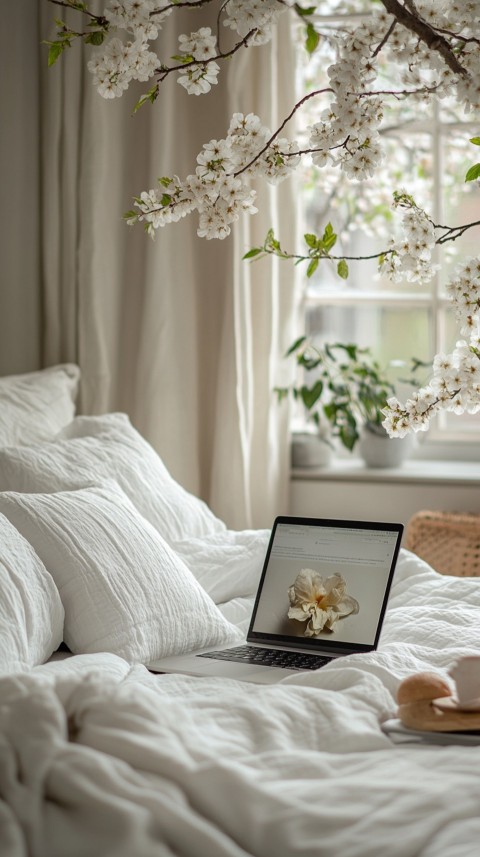 Overhead View of a Bed with an Open Laptop and White Bedding – Minimalist Aesthetic (91)