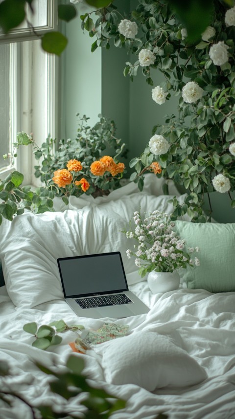 Overhead View of a Bed with an Open Laptop and White Bedding – Minimalist Aesthetic (83)