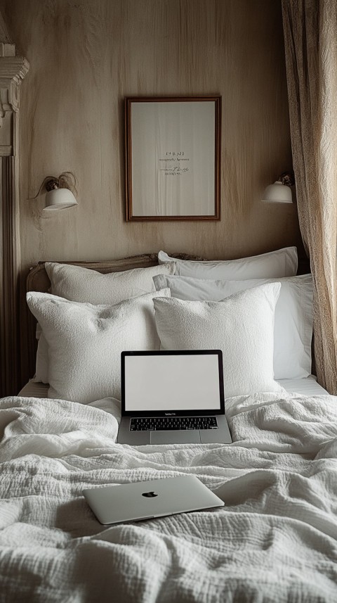 Overhead View of a Bed with an Open Laptop and White Bedding – Minimalist Aesthetic (87)