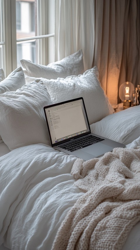 Overhead View of a Bed with an Open Laptop and White Bedding – Minimalist Aesthetic (97)