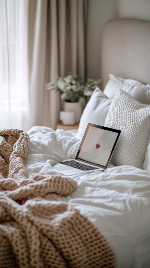 Overhead View of a Bed with an Open Laptop and White Bedding – Minimalist Aesthetic (122)