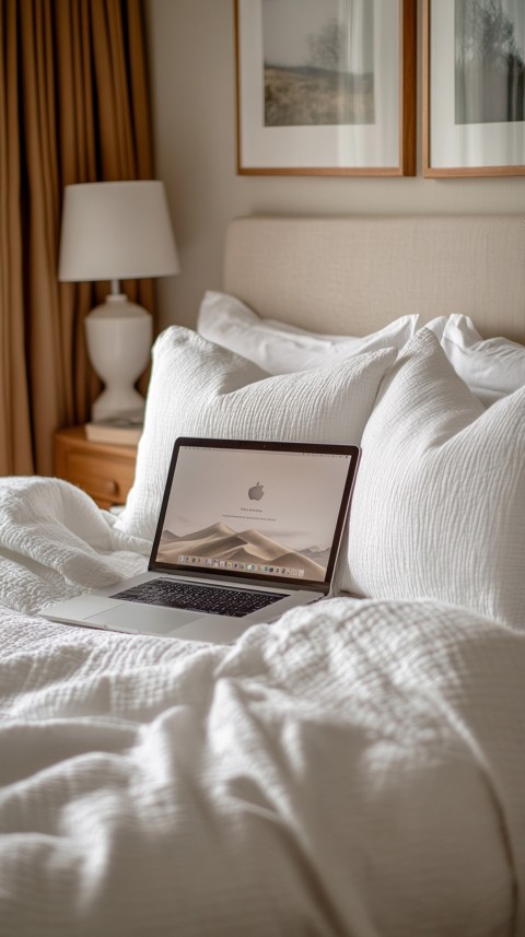 Overhead View of a Bed with an Open Laptop and White Bedding – Minimalist Aesthetic (125)