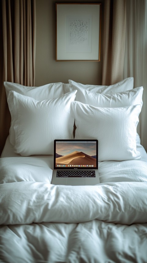 Overhead View of a Bed with an Open Laptop and White Bedding – Minimalist Aesthetic (107)