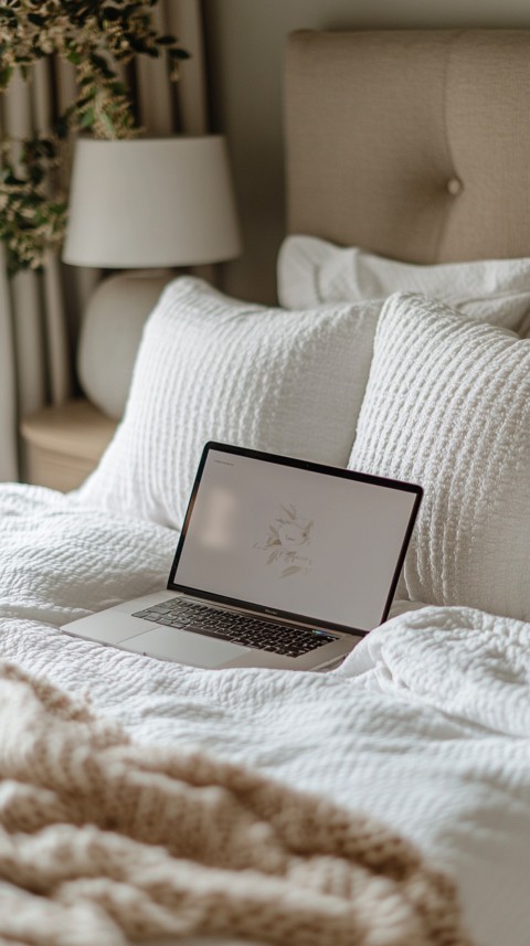 Overhead View of a Bed with an Open Laptop and White Bedding – Minimalist Aesthetic (104)