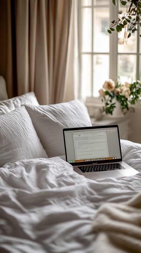 Overhead View of a Bed with an Open Laptop and White Bedding – Minimalist Aesthetic (118)