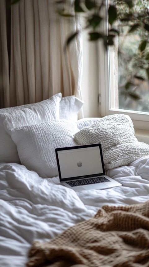 Overhead View of a Bed with an Open Laptop and White Bedding – Minimalist Aesthetic (113)