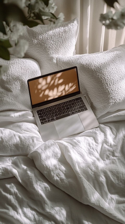 Overhead View of a Bed with an Open Laptop and White Bedding – Minimalist Aesthetic (106)