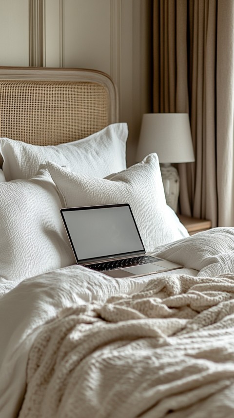 Overhead View of a Bed with an Open Laptop and White Bedding – Minimalist Aesthetic (101)