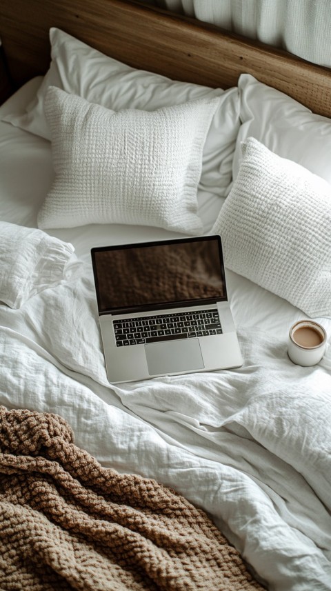 Overhead View of a Bed with an Open Laptop and White Bedding – Minimalist Aesthetic (110)