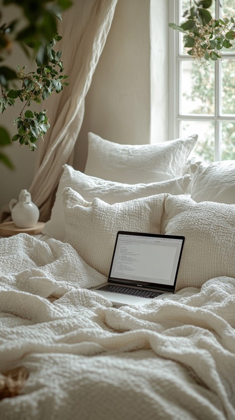 Overhead View of a Bed with an Open Laptop and White Bedding – Minimalist Aesthetic (116)