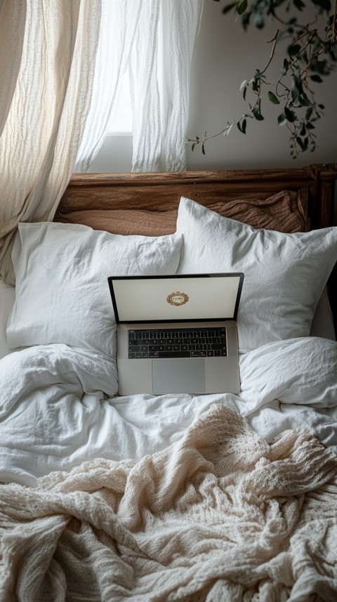 Overhead View of a Bed with an Open Laptop and White Bedding – Minimalist Aesthetic (115)