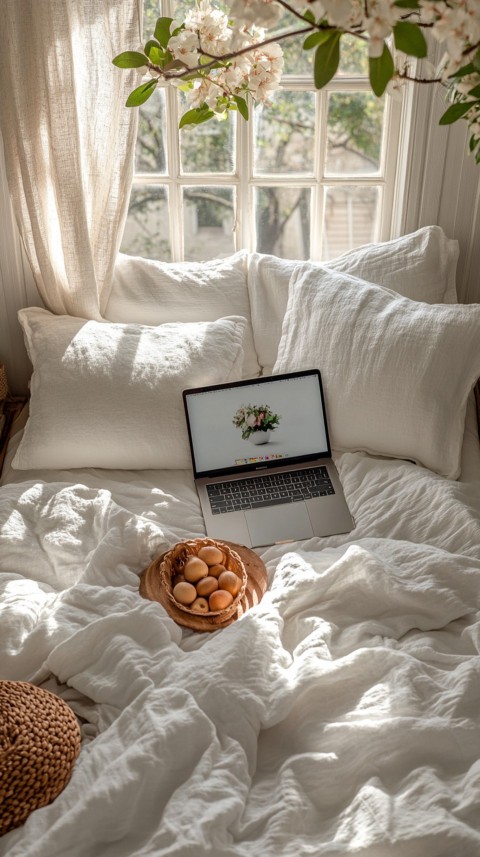 Overhead View of a Bed with an Open Laptop and White Bedding – Minimalist Aesthetic (109)