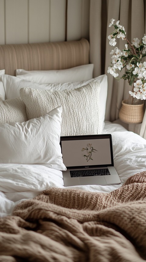 Overhead View of a Bed with an Open Laptop and White Bedding – Minimalist Aesthetic (108)