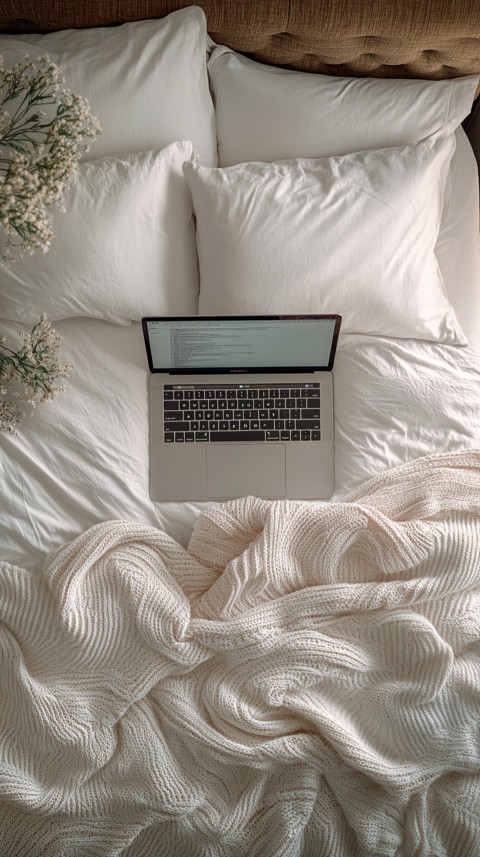 Overhead View of a Bed with an Open Laptop and White Bedding – Minimalist Aesthetic (112)