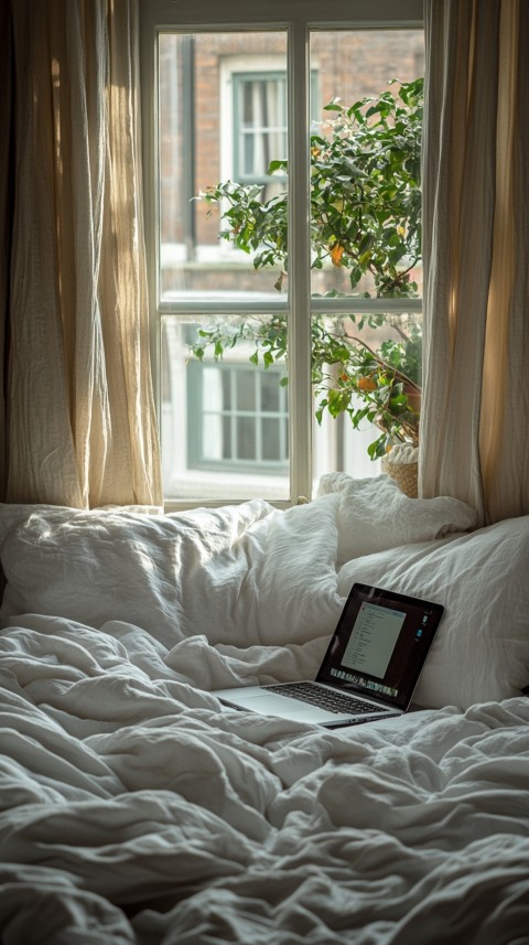 Overhead View of a Bed with an Open Laptop and White Bedding – Minimalist Aesthetic (120)