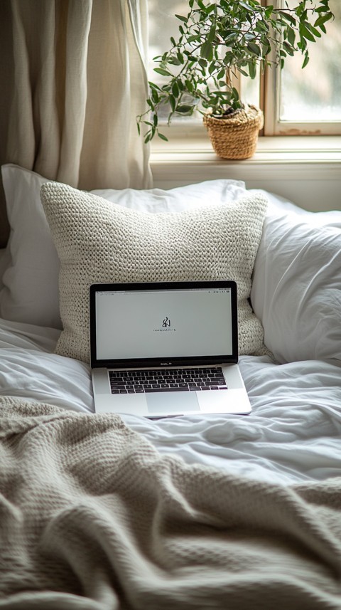 Overhead View of a Bed with an Open Laptop and White Bedding – Minimalist Aesthetic (127)