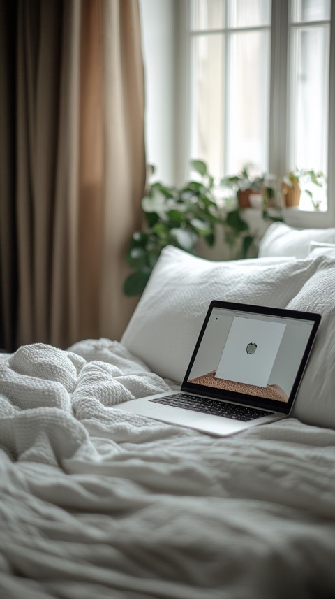 Overhead View of a Bed with an Open Laptop and White Bedding – Minimalist Aesthetic (144)