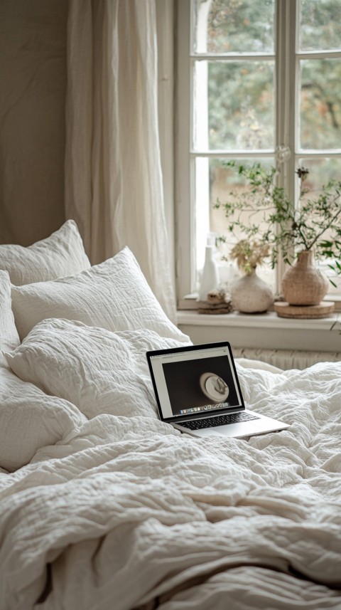 Overhead View of a Bed with an Open Laptop and White Bedding – Minimalist Aesthetic (145)