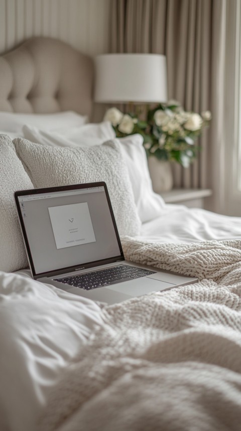 Overhead View of a Bed with an Open Laptop and White Bedding – Minimalist Aesthetic (149)