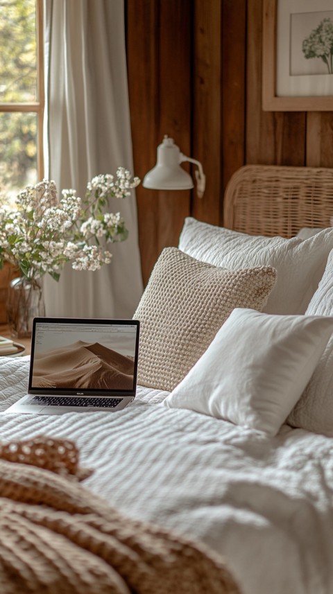 Overhead View of a Bed with an Open Laptop and White Bedding – Minimalist Aesthetic (140)