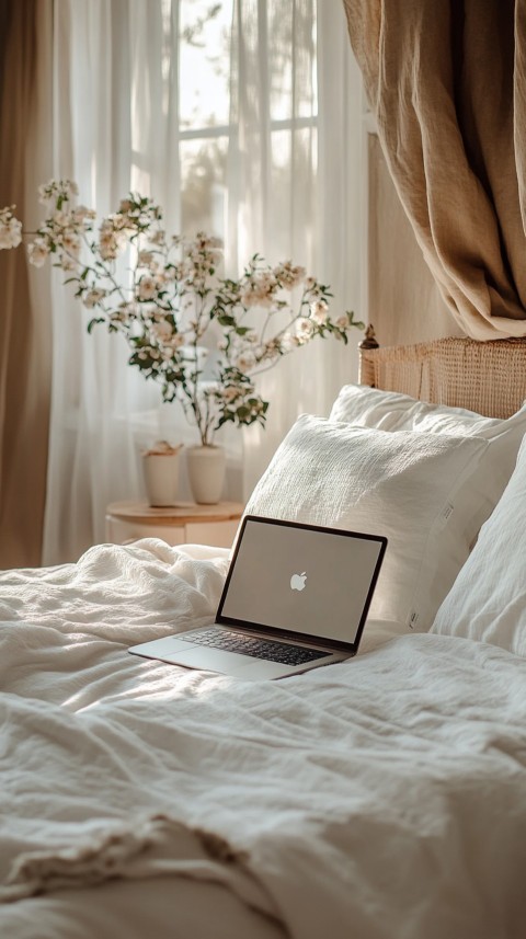 Overhead View of a Bed with an Open Laptop and White Bedding – Minimalist Aesthetic (143)