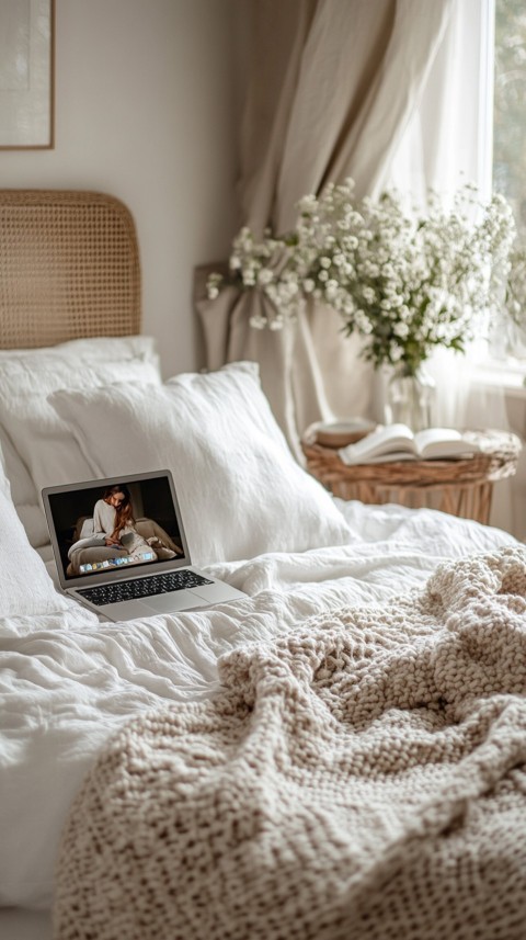 Overhead View of a Bed with an Open Laptop and White Bedding – Minimalist Aesthetic (134)