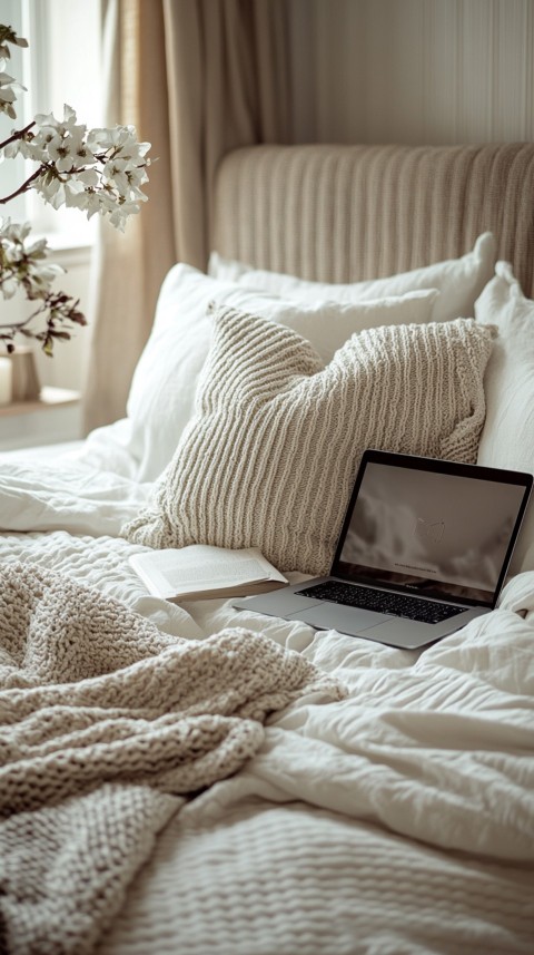 Overhead View of a Bed with an Open Laptop and White Bedding – Minimalist Aesthetic (135)