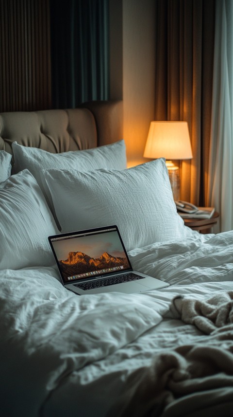 Overhead View of a Bed with an Open Laptop and White Bedding – Minimalist Aesthetic (132)