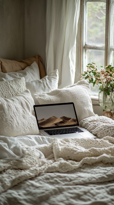 Overhead View of a Bed with an Open Laptop and White Bedding – Minimalist Aesthetic (147)