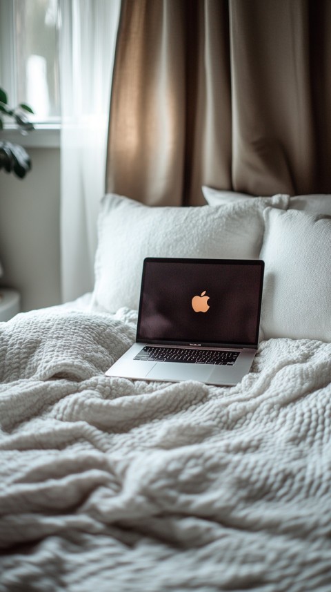 Overhead View of a Bed with an Open Laptop and White Bedding – Minimalist Aesthetic (142)