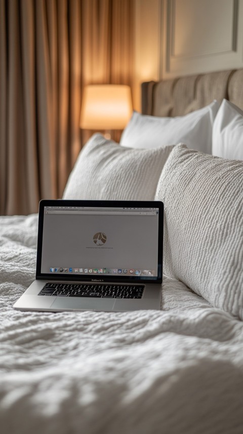 Overhead View of a Bed with an Open Laptop and White Bedding – Minimalist Aesthetic (161)