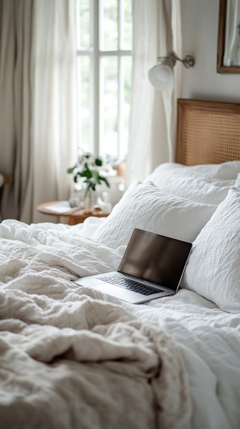 Overhead View of a Bed with an Open Laptop and White Bedding – Minimalist Aesthetic (163)