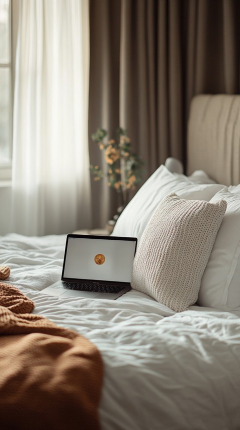 Overhead View of a Bed with an Open Laptop and White Bedding – Minimalist Aesthetic (155)