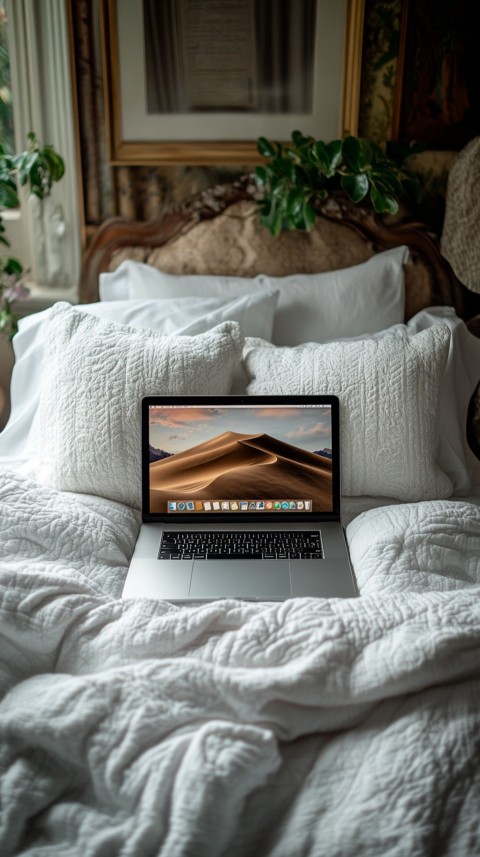 Overhead View of a Bed with an Open Laptop and White Bedding – Minimalist Aesthetic (153)